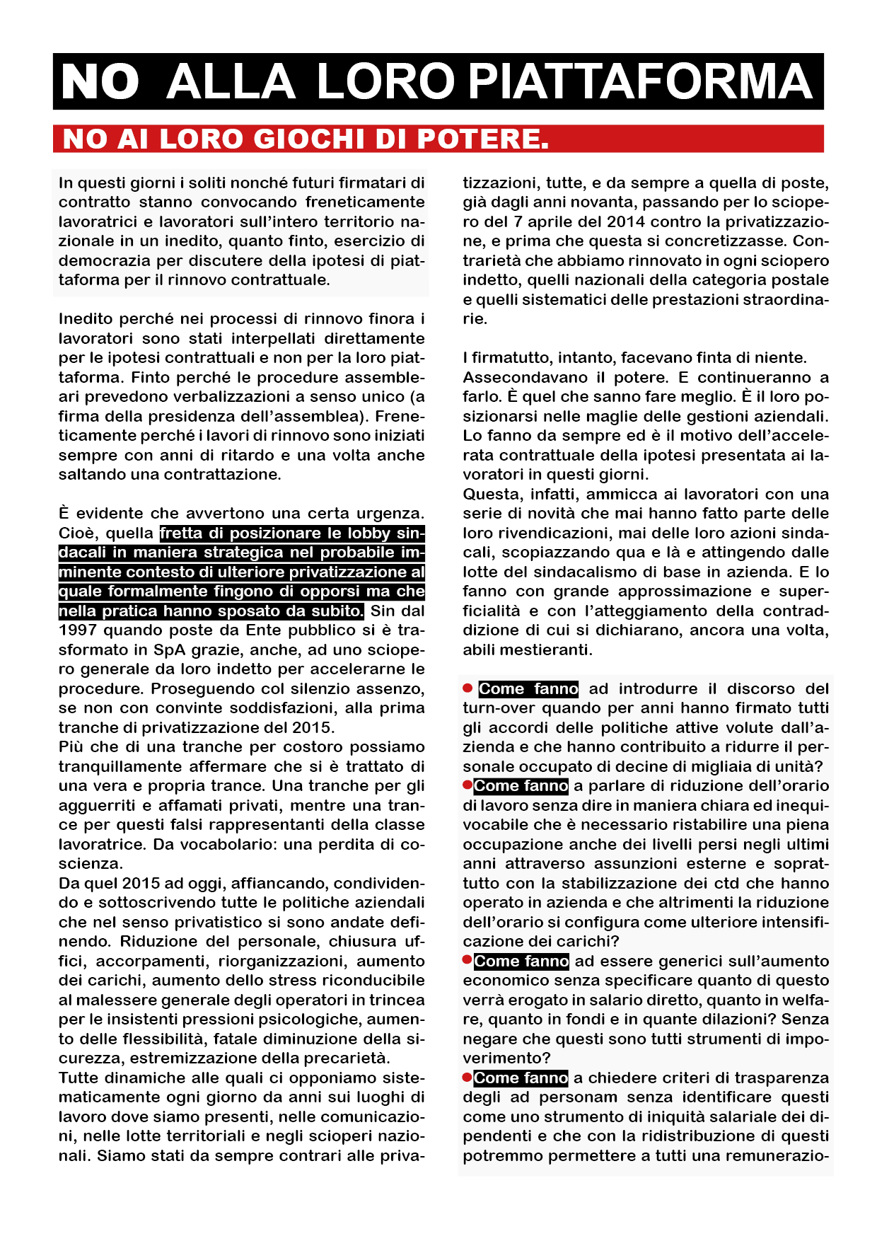 piattaforma per il rinnovo contrattuale di poste presentata dai sindacati concetativi